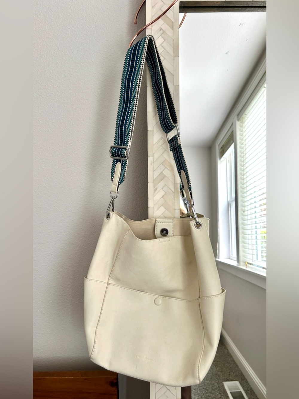 Bucket Tote/Shoulder Bag with Adjustable Striped Strap - Cream